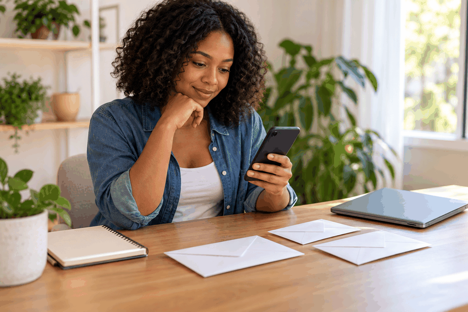 Woman checking a smartphone beside blank envelopes and a closed laptop at a bright home-office table