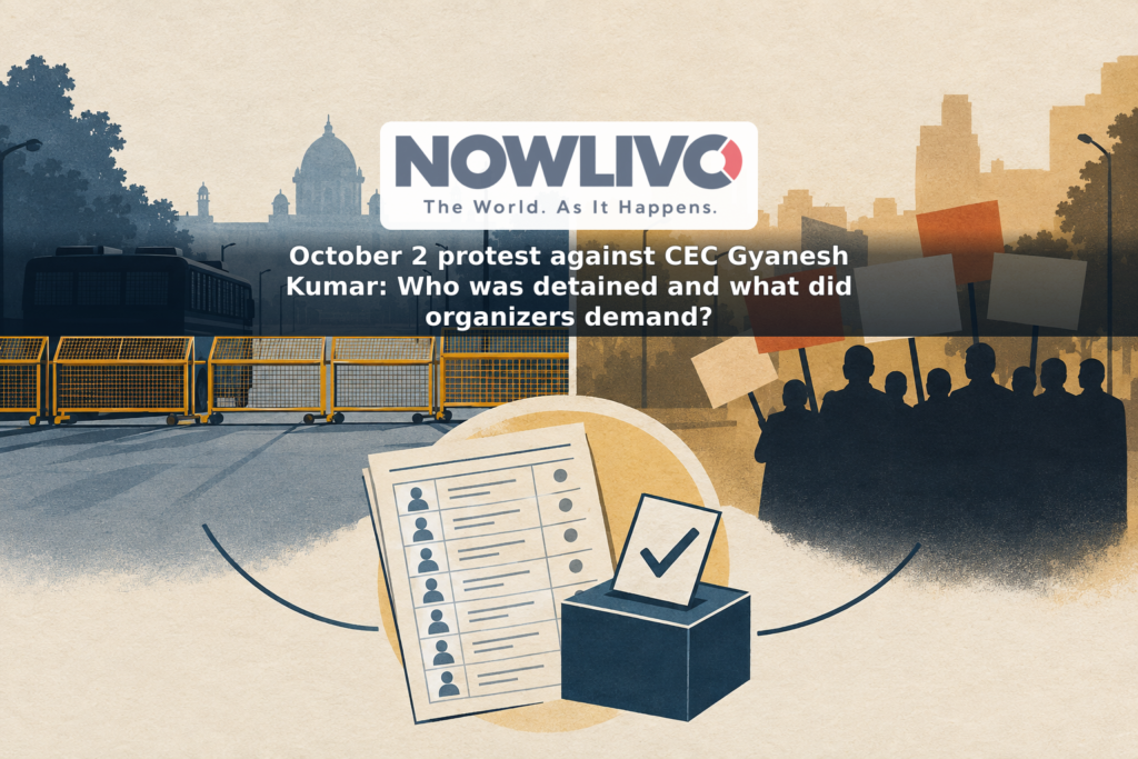 Conceptual illustration of a barricaded protest route and a separate gathering beside a voter-list symbol.