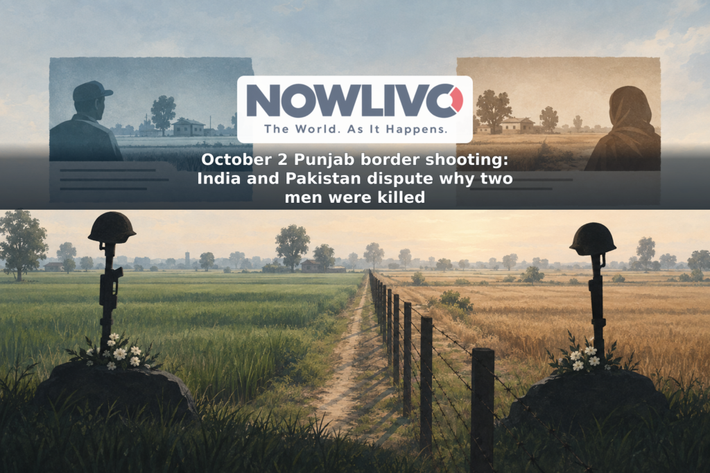 Conceptual illustration of a fenced Punjab border with contrasting account panels and two memorial silhouettes.
