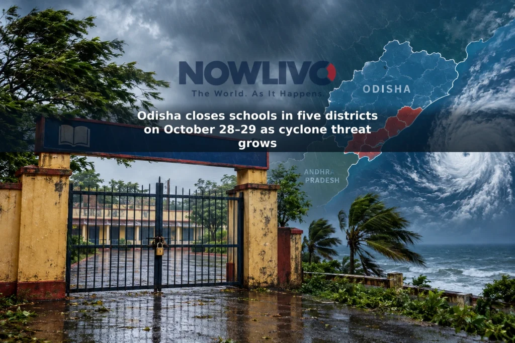 Illustration of a closed school gate in rainy southern Odisha, with a map cue showing the Andhra Pradesh coast.