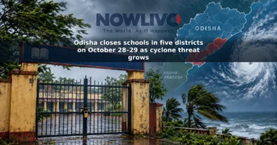 Illustration of a closed school gate in rainy southern Odisha, with a map cue showing the Andhra Pradesh coast.
