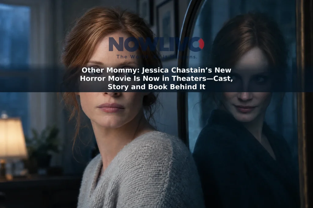 Interpretive horror artwork showing Jessica Chastain beside an unsettling reflection in a dimly lit home.