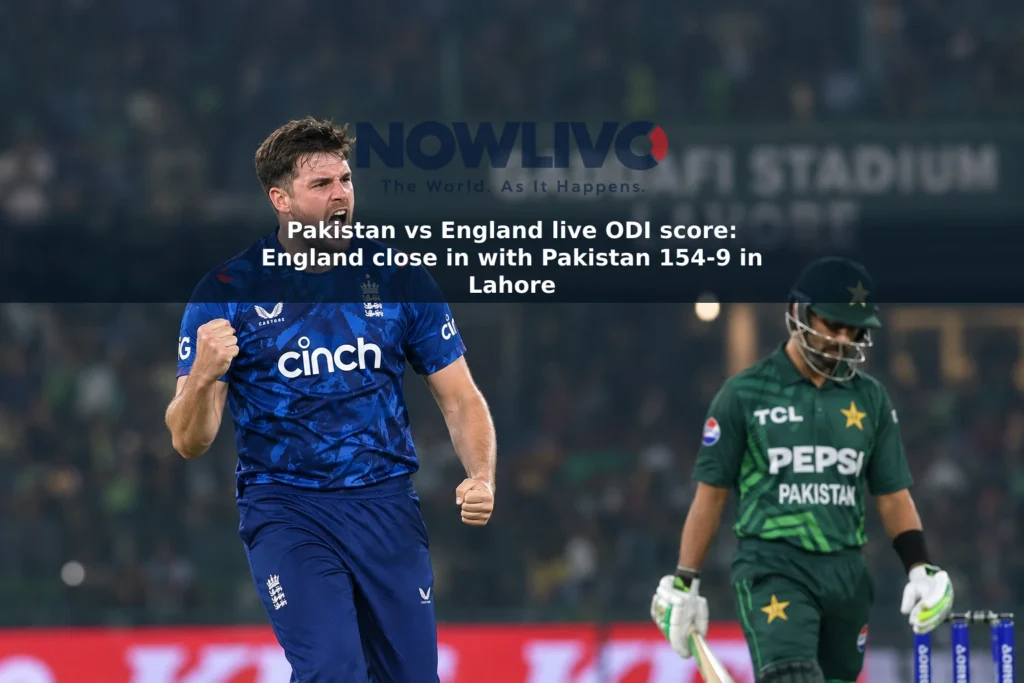 Editorial-style illustration of England bowler Jamie Overton celebrating during an ODI against Pakistan in Lahore.