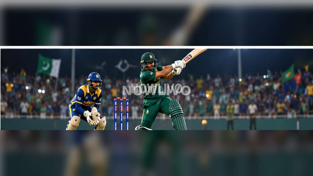 Pakistan batter in green hitting a lofted cricket shot as Sri Lankan fielders watch under stadium lights