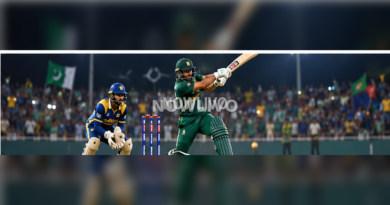 Pakistan batter in green hitting a lofted cricket shot as Sri Lankan fielders watch under stadium lights