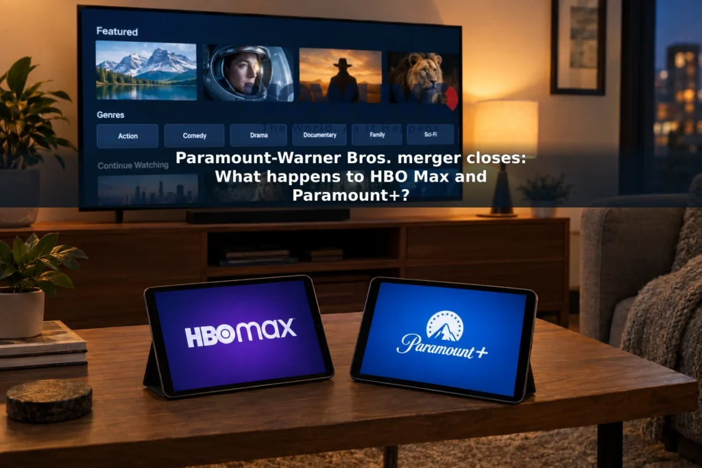 Two tablets labeled HBO Max and Paramount+ beside a television in a living room.