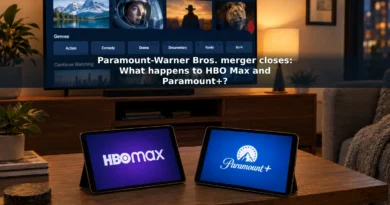 Two tablets labeled HBO Max and Paramount+ beside a television in a living room.