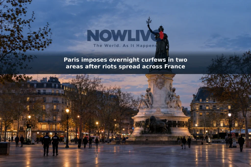 Illustrative dusk view of Place de la République in Paris with pedestrians and police in the distance.