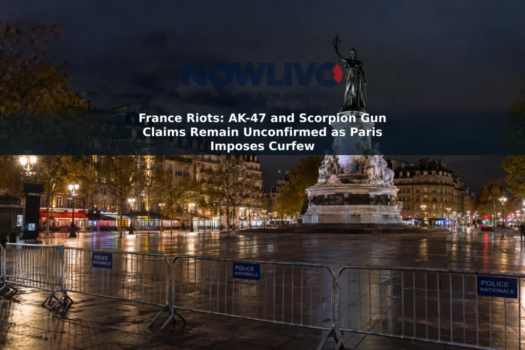 Illustrative nighttime view of a Paris square with police barriers and no visible crowd or weapons