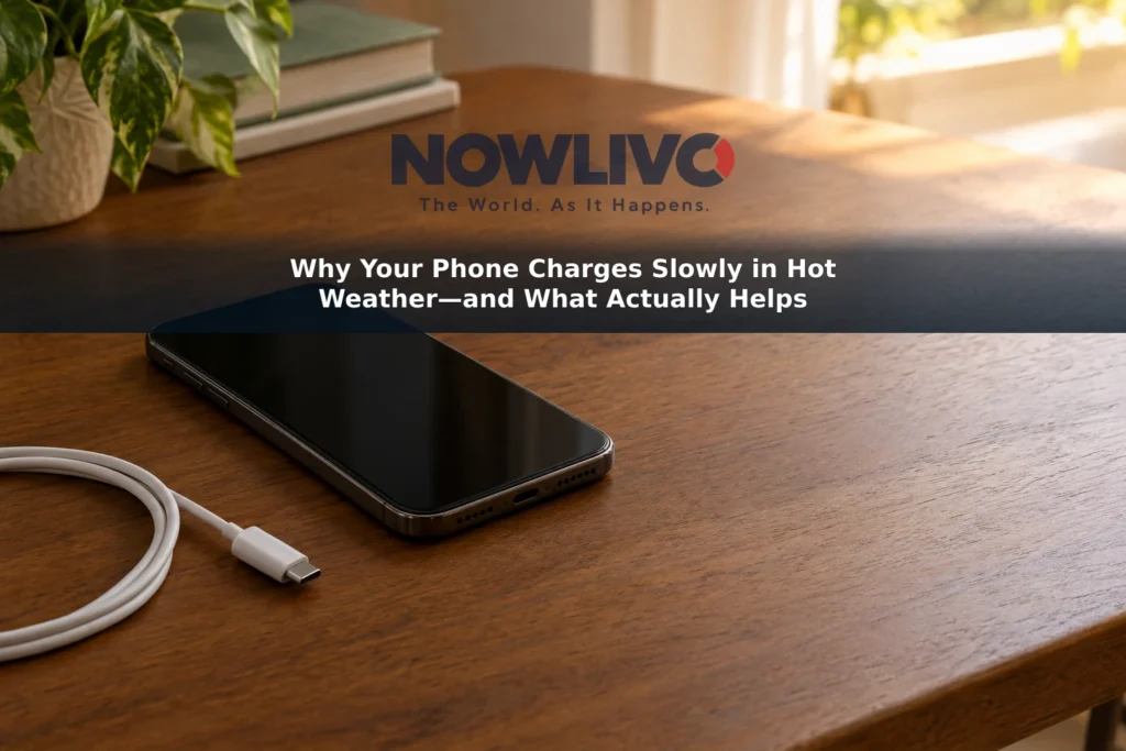 An unplugged smartphone and charging cable on a shaded desk beside a patch of afternoon sunlight.