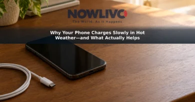 An unplugged smartphone and charging cable on a shaded desk beside a patch of afternoon sunlight.