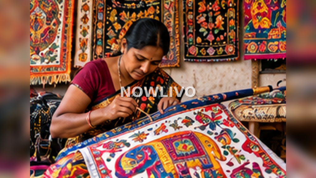 Editorial illustration relating to pipili appliqué craft: what odisha visitors should ask before buying, showing a scene of everyday Indian life