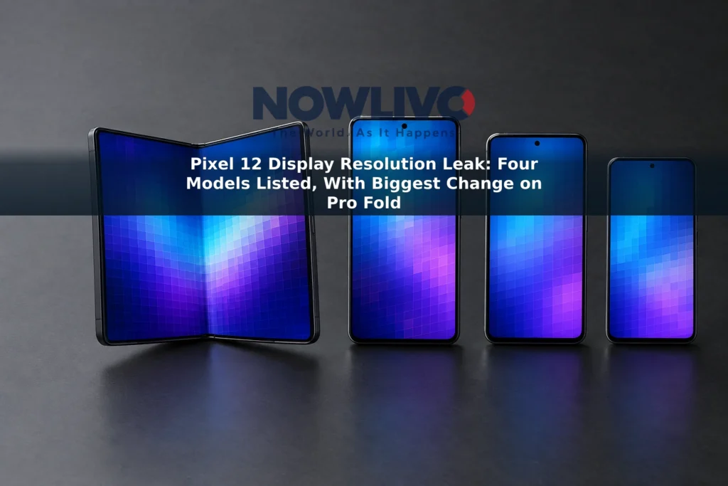 Illustrative photograph of an open foldable phone beside three conventional smartphones with abstract blue and violet screens.