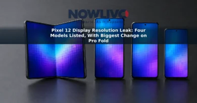 Illustrative photograph of an open foldable phone beside three conventional smartphones with abstract blue and violet screens.
