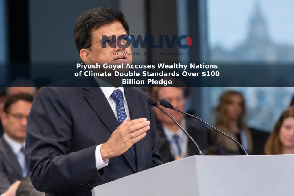Editorial-style illustration of Piyush Goyal speaking at an international conference.