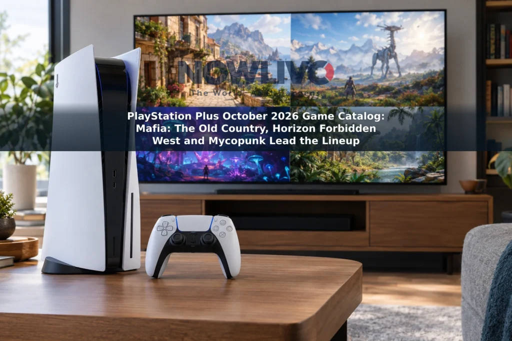 A PlayStation 5 console and controller in front of a television showing game-inspired Sicilian, science-fiction and prehistoric scenes.