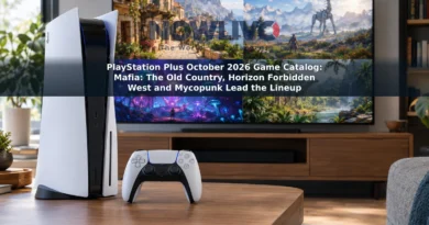 A PlayStation 5 console and controller in front of a television showing game-inspired Sicilian, science-fiction and prehistoric scenes.