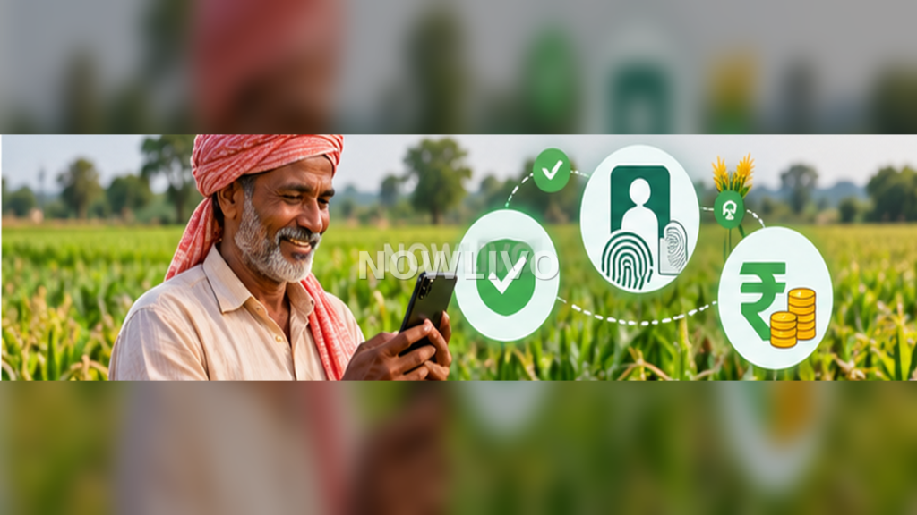 Indian farmer in a green field checking a smartphone with digital identity and payment symbols