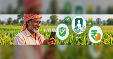 Indian farmer in a green field checking a smartphone with digital identity and payment symbols