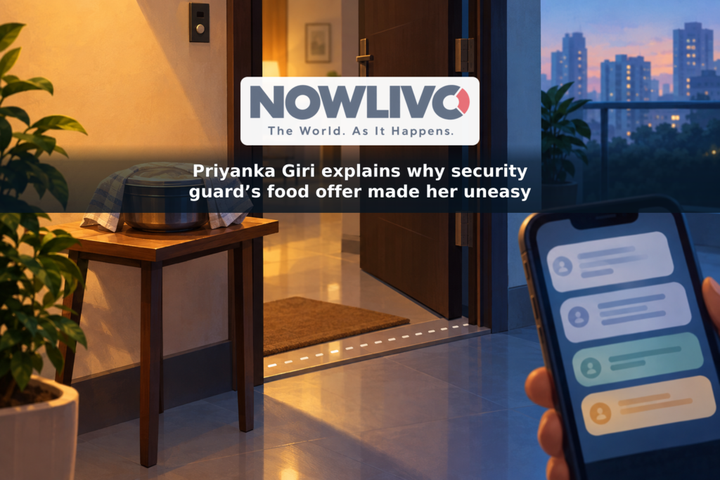 Illustration of a covered dinner container near an apartment doorway, a dotted boundary line and a phone showing abstract comments.