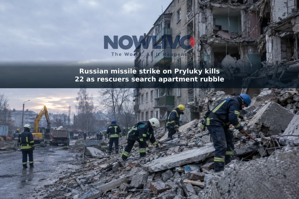 Editorial illustration of rescue workers clearing debris beside a damaged apartment building.