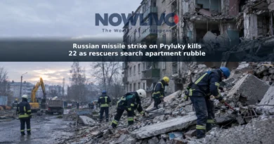 Editorial illustration of rescue workers clearing debris beside a damaged apartment building.