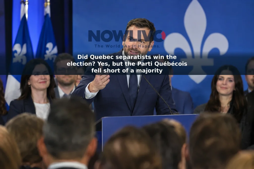 Illustrative election-night scene showing Paul St-Pierre Plamondon addressing Parti Québécois supporters.