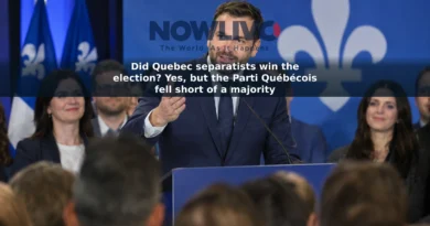 Illustrative election-night scene showing Paul St-Pierre Plamondon addressing Parti Québécois supporters.