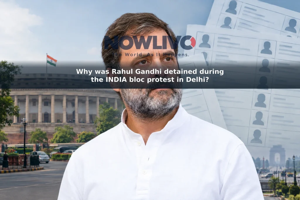 Editorial illustration of Rahul Gandhi with a New Delhi streetscape and voter-list imagery.