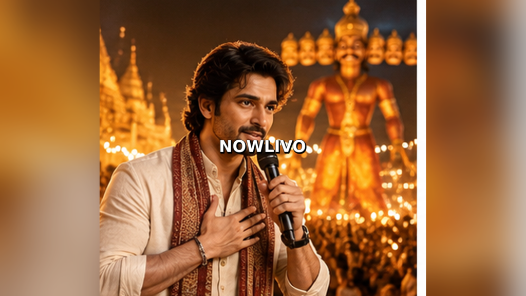 Editorial illustration of an Indian film star speaking at a festive promotional gathering