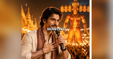Editorial illustration of an Indian film star speaking at a festive promotional gathering