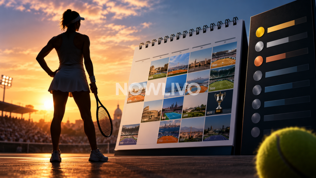 Tennis player facing an illustrated calendar and ranking board