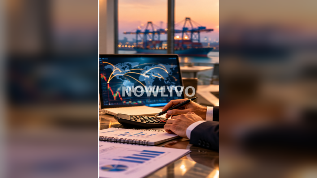 Trade finance calculations beside a shipping port