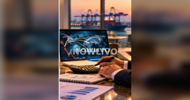 Trade finance calculations beside a shipping port