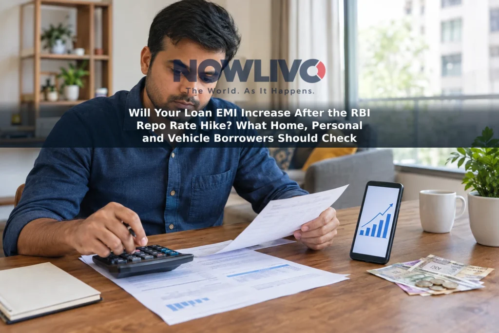 Borrower reviewing a loan statement and calculator at home.