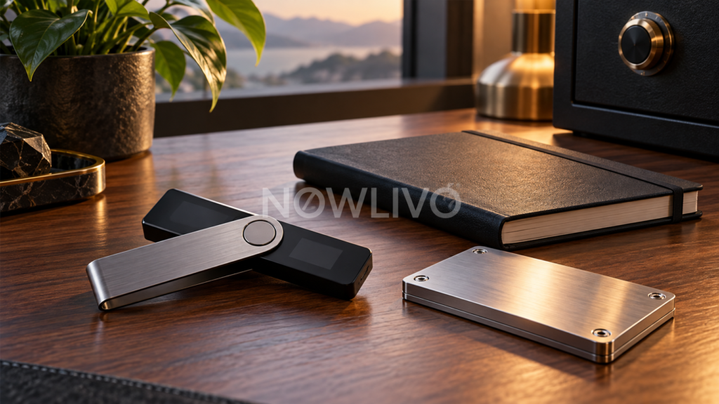 Hardware wallet beside a closed notebook and metal backup plate