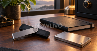 Hardware wallet beside a closed notebook and metal backup plate