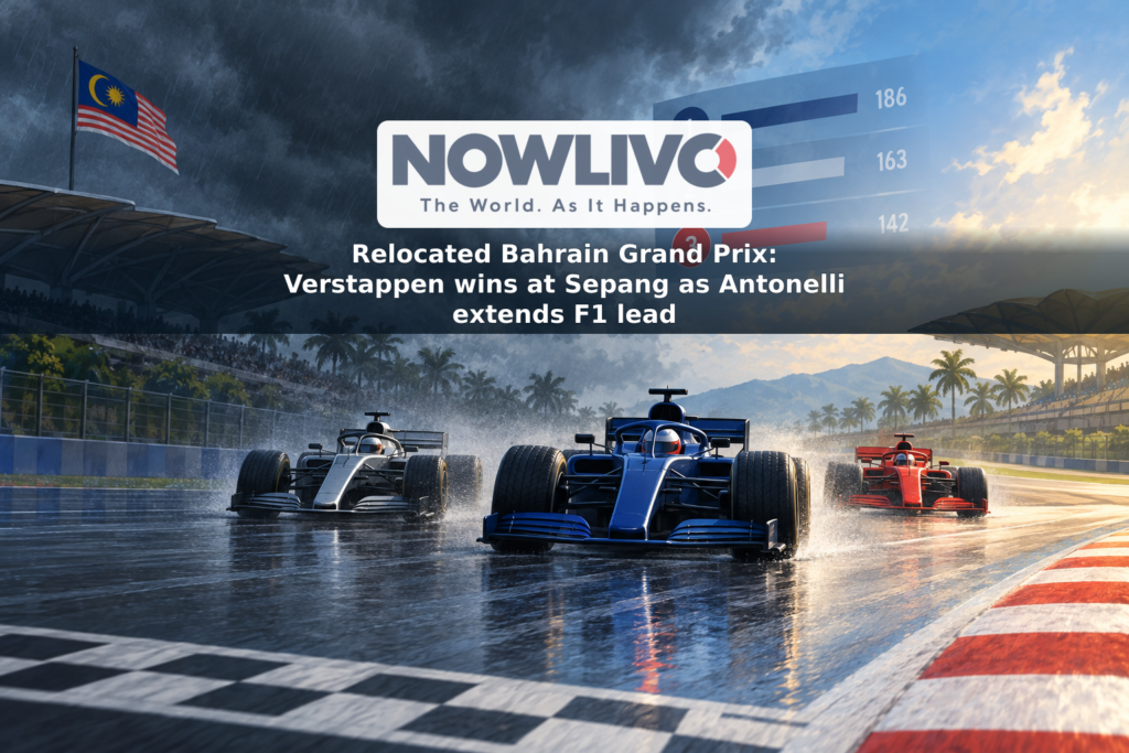 Illustration of three open-wheel race cars on a drying, rain-soaked circuit with a championship points graphic behind them.