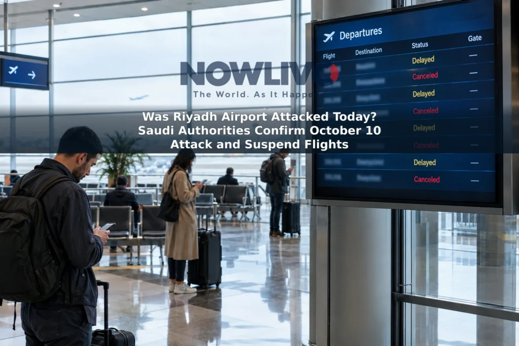 Illustrative airport departures hall with travelers checking flight information during disruptions.