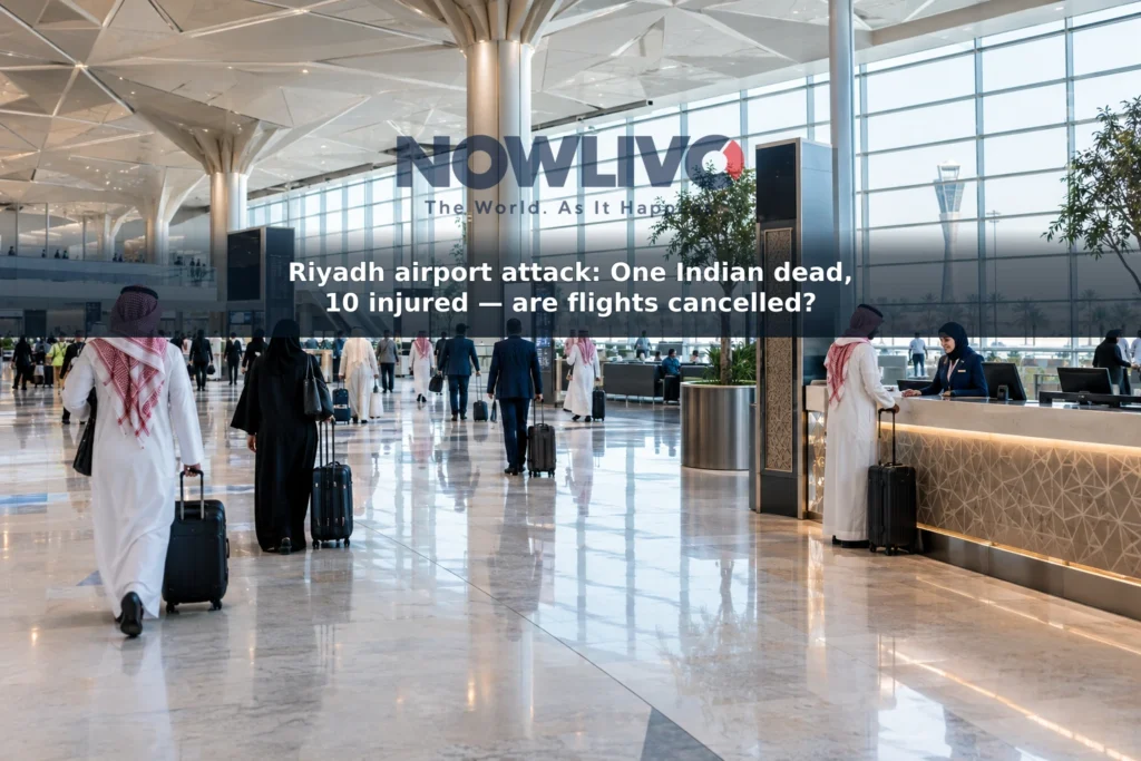 Representational view of travellers and airline staff in a modern Riyadh airport concourse.
