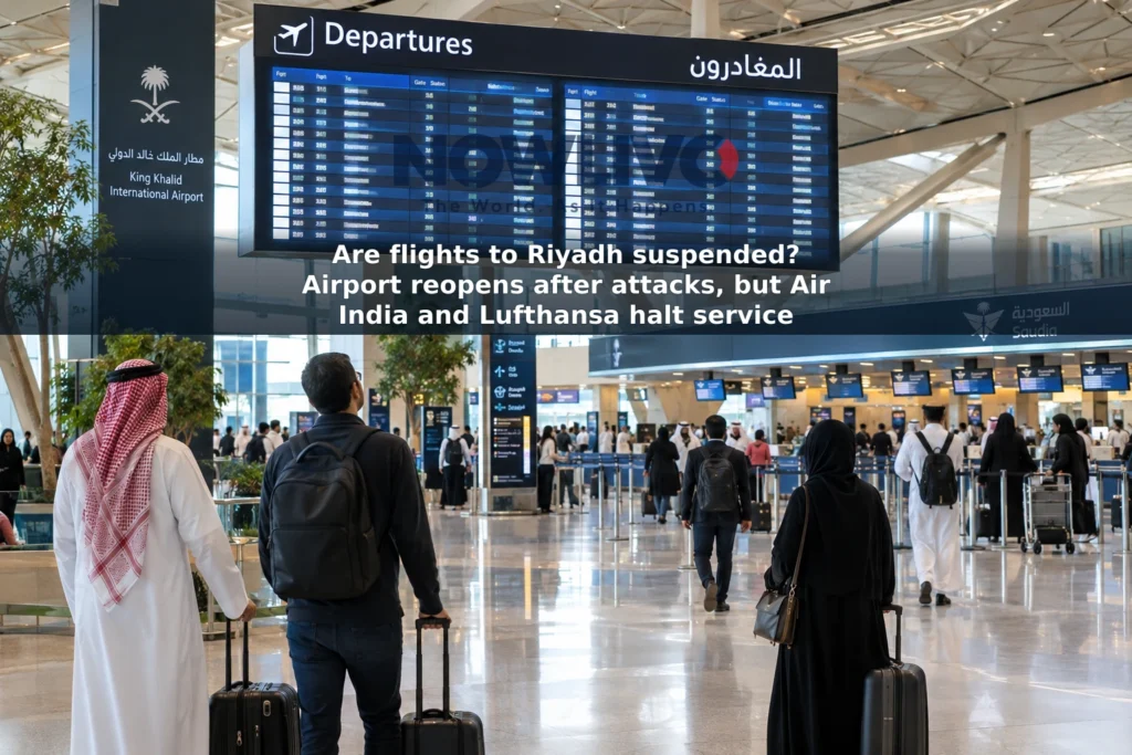 Illustrative view of adult travellers checking a departures board inside a modern airport terminal.