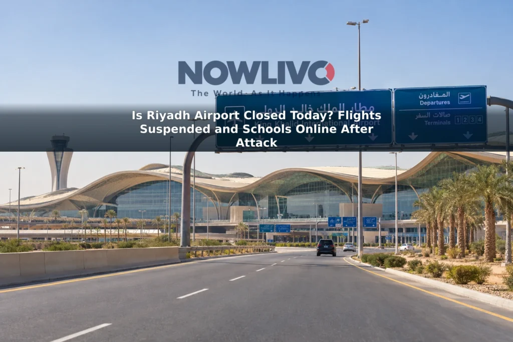 Illustrative daylight view of the approach to a modern airport terminal in Riyadh.