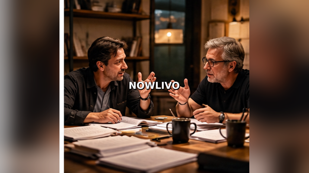 Editorial illustration of television writers discussing scripts during a meeting