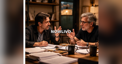Editorial illustration of television writers discussing scripts during a meeting