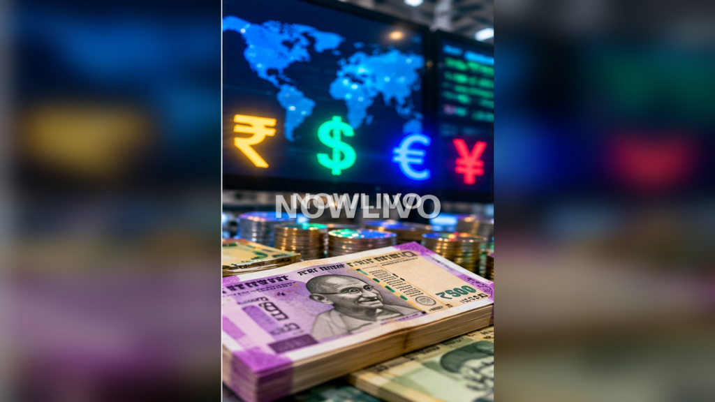 Indian rupee banknotes beneath global currency symbols