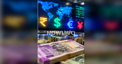 Indian rupee banknotes beneath global currency symbols