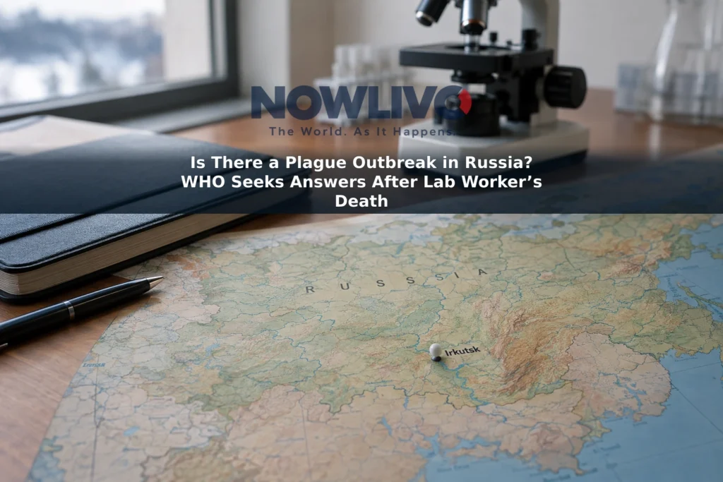 Illustrative tabletop scene with a map marking Irkutsk, a closed notebook and a microscope in the background.