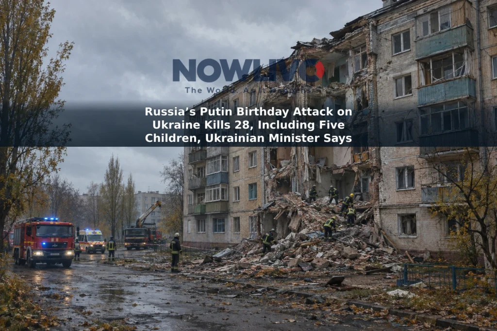 Editorial illustration of emergency crews near a damaged apartment building in Pryluky, Ukraine.