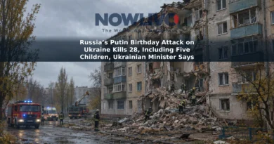 Editorial illustration of emergency crews near a damaged apartment building in Pryluky, Ukraine.
