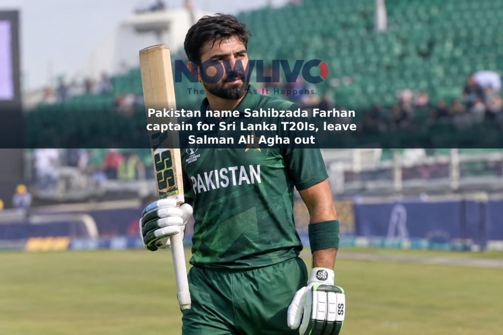Editorial-style image of Sahibzada Farhan holding a cricket bat at a stadium.